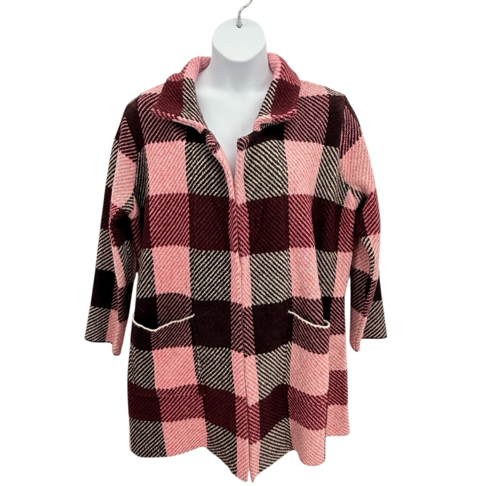 NWOT One World Live & Let Live Pink Plaid Open Front Cardigan Sweater Cozy  XL